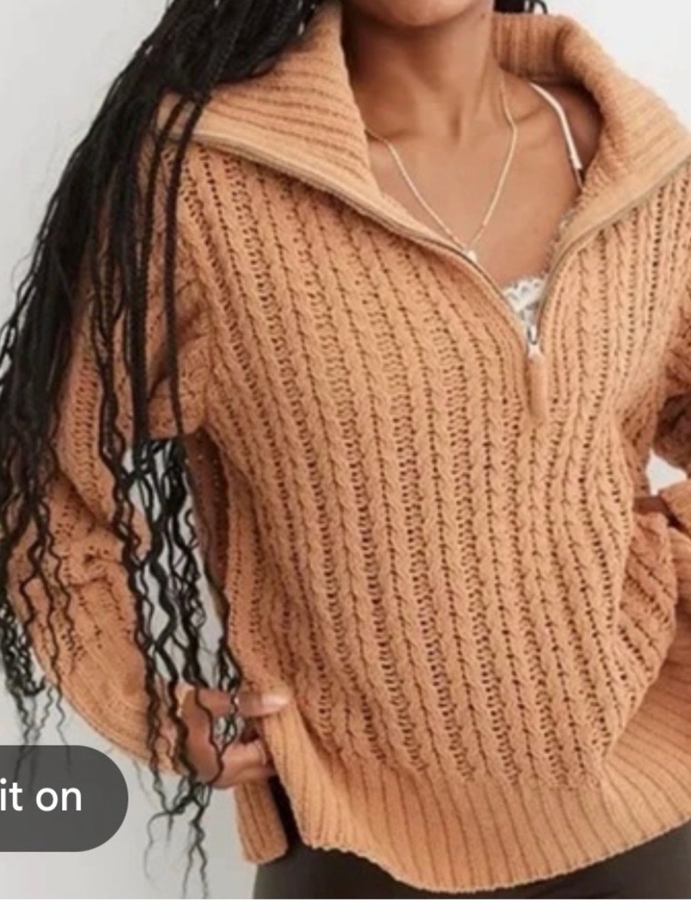 aerie Cable-Knit Half-Zip Sweater - Camel